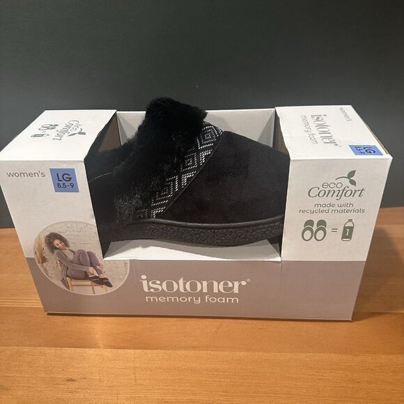 Isotoner Women's Memory Foam Black Slippers L 8.5 - 9 Eco Comfort Hoodback - Picture 9 of 9